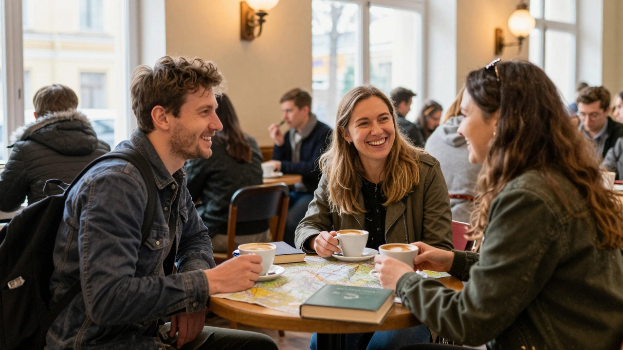 A foreign traveler and Russian woman sharing coffee in a St. Petersburg café.