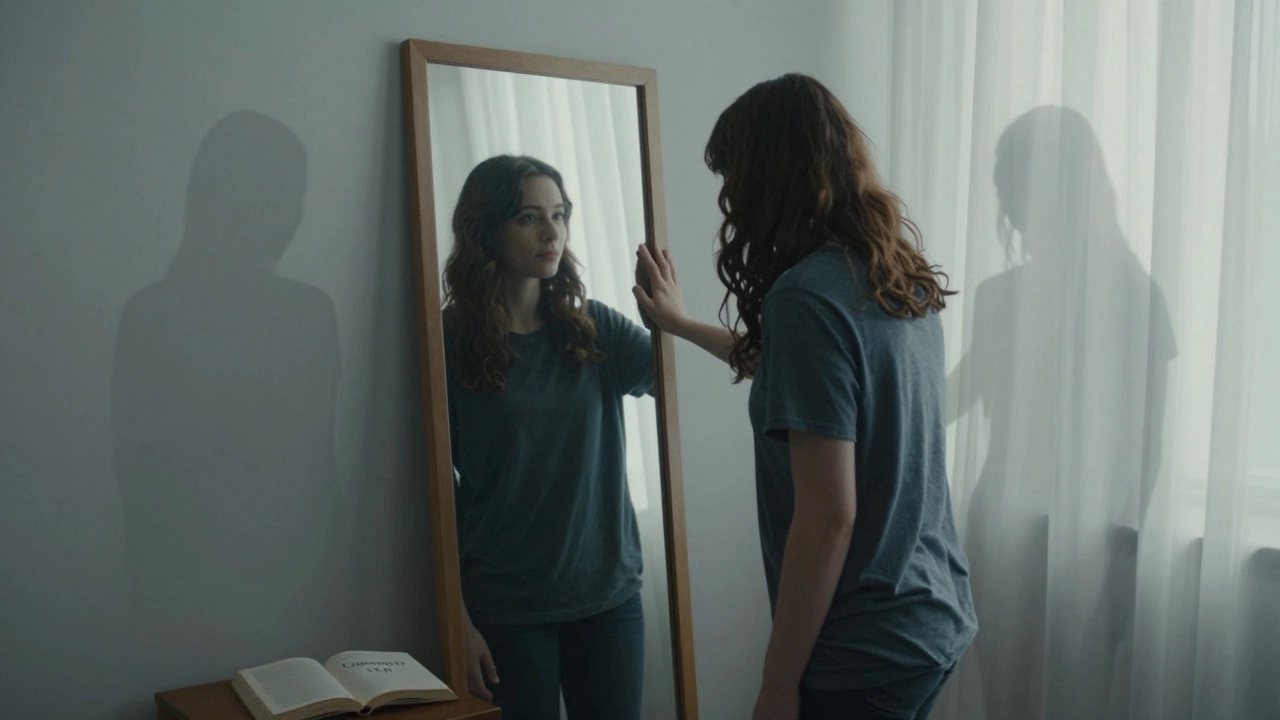 A person gazing at their reflection in a mirror, with fading shadows of past fears behind them.