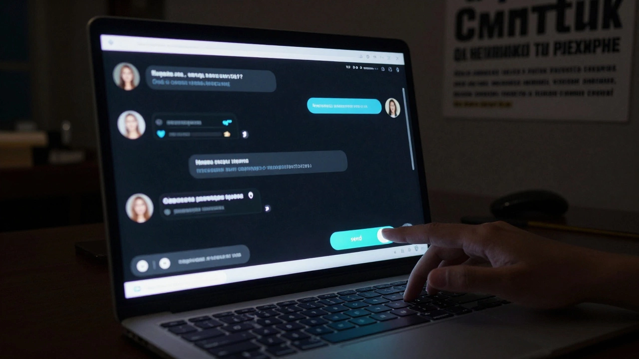 A shadowy laptop screen showing encrypted escort messages with blurred photos.