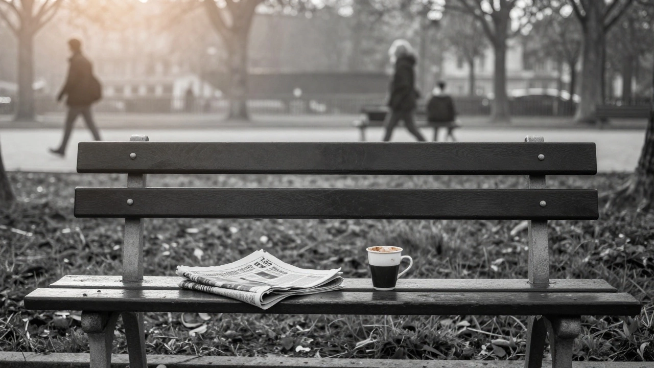 An empty park bench in Paris at sunrise with a cup of coffee and newspaper, symbolizing quiet companionship.