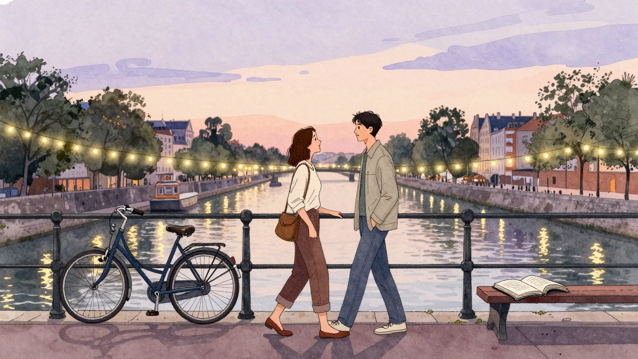 Two people walking along the Canal Saint-Martin at dusk, talking as string lights glow above the water.